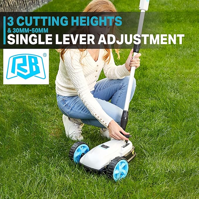 RB 9" Cordless Lawn Mower, 40V 2Ah Battery & Charger, Upright Storage, Brushless Motor 6000RPM, 3 Cutting Heights (1.2"-2"), One-Hand Steering, Detachable Handle, Safe Tilt 20°-70° for Small Yards