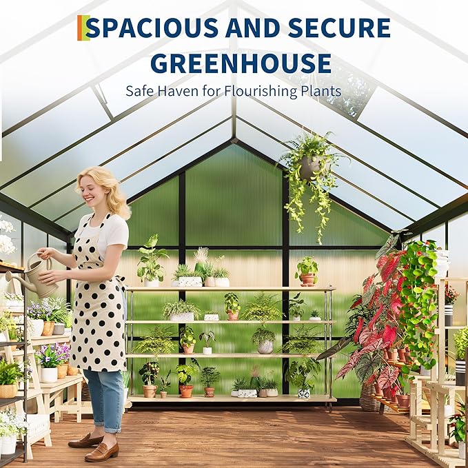 6x8 FT Greenhouse for Outdoors, Polycarbonate Greenhouse with Roof Vent, Ground Nails, Lockable Push Door, Aluminum Large Walk-in Green House for Outside Garden Backyard, Patio, Lawn, Black