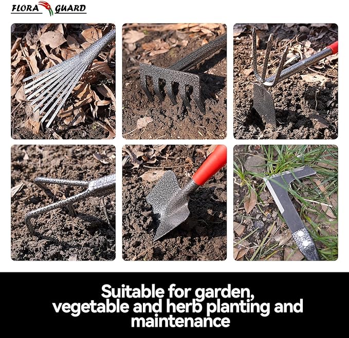 FLORA GUARD Garden Tool Set, 6 Piece Heavy Duty, Large Size Gardening Hand Tools, Sturdy & Durable, Classic Utility Gardening Gift for Seniors and Women