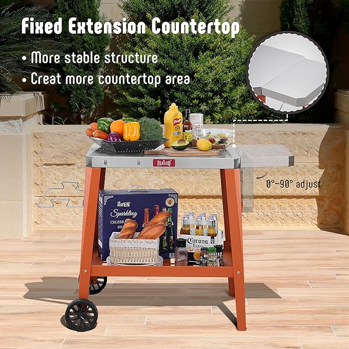 Movable Outdoor Grill Table Cart, Pizza Oven Table with Wheels, Stainless Steel Countertop with Foldable Extension Table, Versatile Food Prep Grill Cart for Outdoor BBQ Cooking