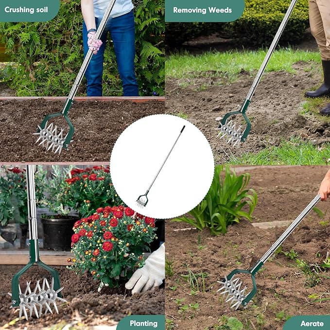Rotary Cultivator Tiller Adjustable S/S Handle Rotary Tiller with Detachable Solid Metal Tines Garden Cultivator Lawn Tiller and Manual Tiller for Loosing and Mixing Soil