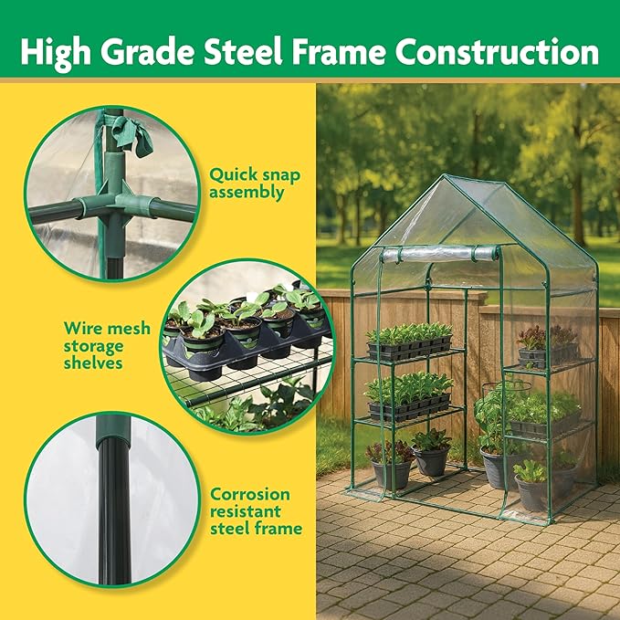 Miracle-GRO 4'8" x 29" x 6'5" Outdoor Mini Walk-in Greenhouse Plant Tent, All-Season Small Walk-in Plant Growth Accelerator with 4 Wire Shelves, Clear