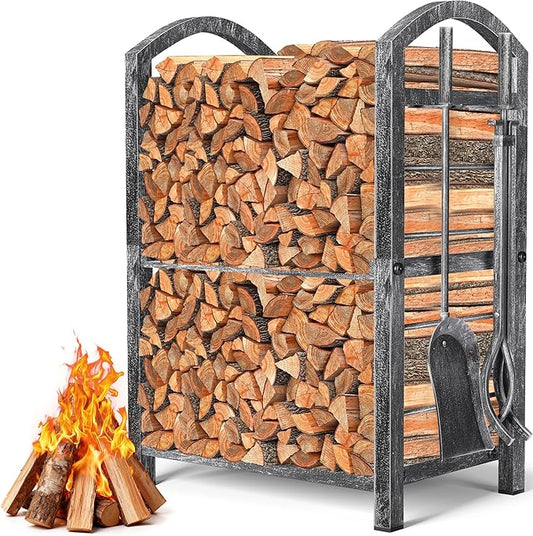 AMAGABELI GARDEN & HOME Firewood Rack Indoor with Tools 5-Piece Fireplace Tools Set Wood Holder Outdoor Wrought Iron Heavy Duty Firewood Storage Rack for Fireplace,Fire Pit,Wood Stove Antique Silver