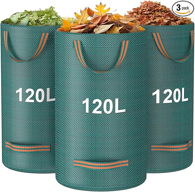 Mokani Reusable Yard Waste Bags, 32 Gallon Lawn and Leaf Bags 3 Packs, Heavy Duty Garden Bags with Reinforced Handles, Camping Yard Recycling Leaf Bag for Leaves