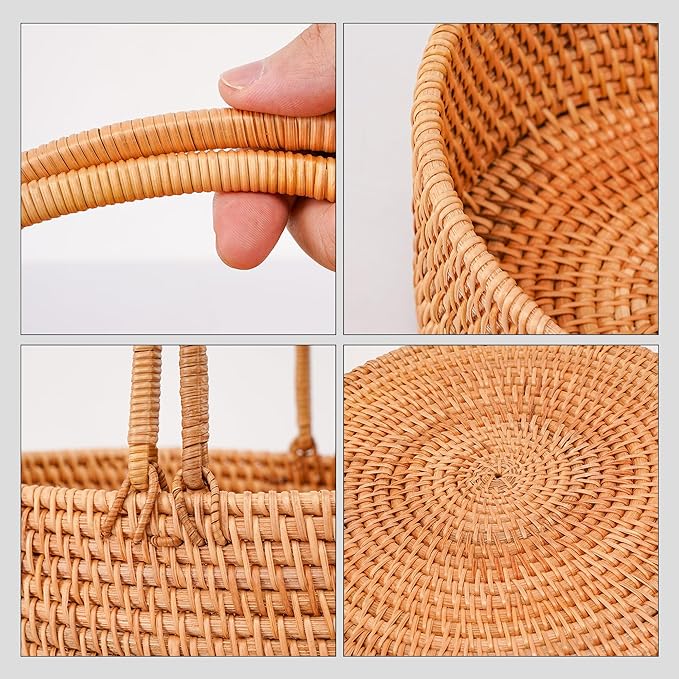 Rattan Picnic Basket with Handles, Oval Wicker Gift Basket for Wedding, Camping(12.6"×9"×3.5")