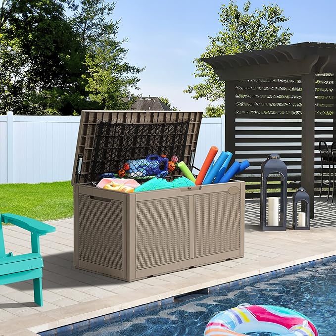YITAHOME 100 Gallon Large Deck Box Upgrade Resin Outdoor Storage Boxes, Waterproof Patio Cushion Storage Bench for Patio Furniture, Pillows, Pool Supplies, Garden Tools- Rattan,Lockable (Light Brown)