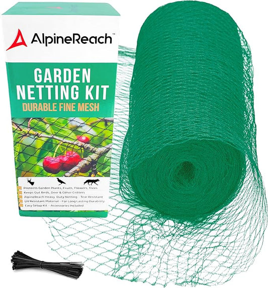AlpineReach Garden Netting 15 x 50 ft Heavy Duty Bird Net, Deer, Plant Protection Extra Strong Woven Mesh, Reusable Kit with Zip Ties, Animal Fencing for Fruits Trees, Green