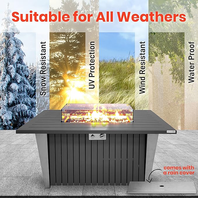 52 Inch Gas Fire Pit Table, 50,000 BTU Propane Pits for Outside with Steel Lid and Lava Rock, 2 in 1 Firepit Table Gatherings Parties on Patio Deck Garden Backyard