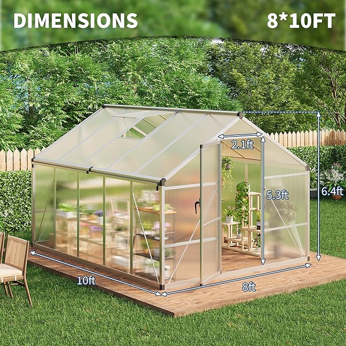 8x10 FT Greenhouse for Outdoors, Polycarbonate Greenhouse with Roof Vent, Ground Nails, Lockable Push Door, Aluminum Large Walk-in Green House for Outside Garden Backyard, Patio, Lawn, Silver