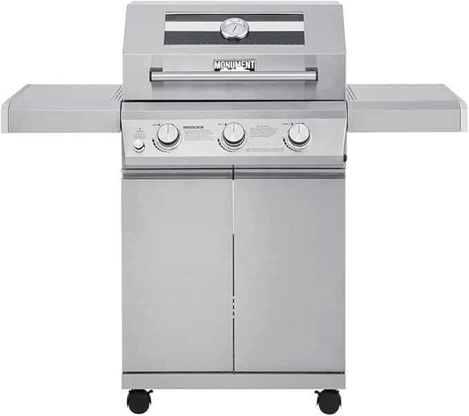 Monument Grills Larger 3-Burner Propane Gas Grills barbeque Stainless Steel Heavy-Duty Cabinet Style with Knob Controls, Outdoor Use, Mesa 300