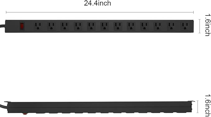 Metal Wall Mount Power Strip, Mountable Power Outlet with 12 AC Outlets, Aluminum Alloy Mount Power Socket with Switch, 3 FT SJT 3/C 14AWG Power Cord, 15A 125V 1875W (12AC)