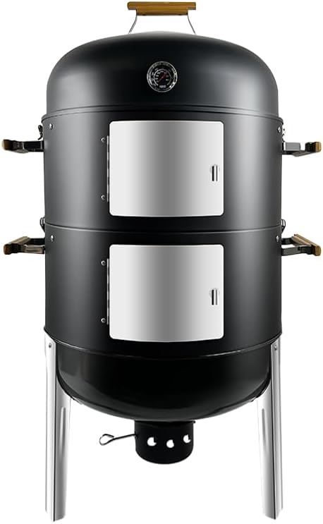 20.5" 3-in-1 BBQ Smoker Grill Built in Thermometer, Air Vent and 2 Access Doors, Multi-Layer Meat Smoker with 5 Bamboo Handles and Rib hanger set with 4 Hooks, Parties, Backyard, BBQ