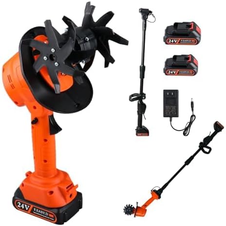 24V Cordless Tiller Cultivator, 4-Inch Tilling Width and Depth, Handheld with Extension Rod, 235 RPM Electric Garden Tiller, Lightweight 1.2kg Body, 2 × 1.5Ah Batteries & Charger (24V - Orange)