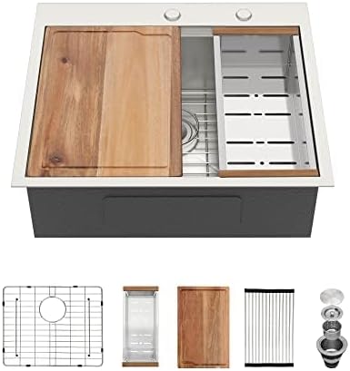 25x22 Drop In Kitchen Sink 16 Gauge Stainless Steel Workstation Kitchen Sinks Handmade Topmount Single Bowl Sink with Accessories, 25x22x9