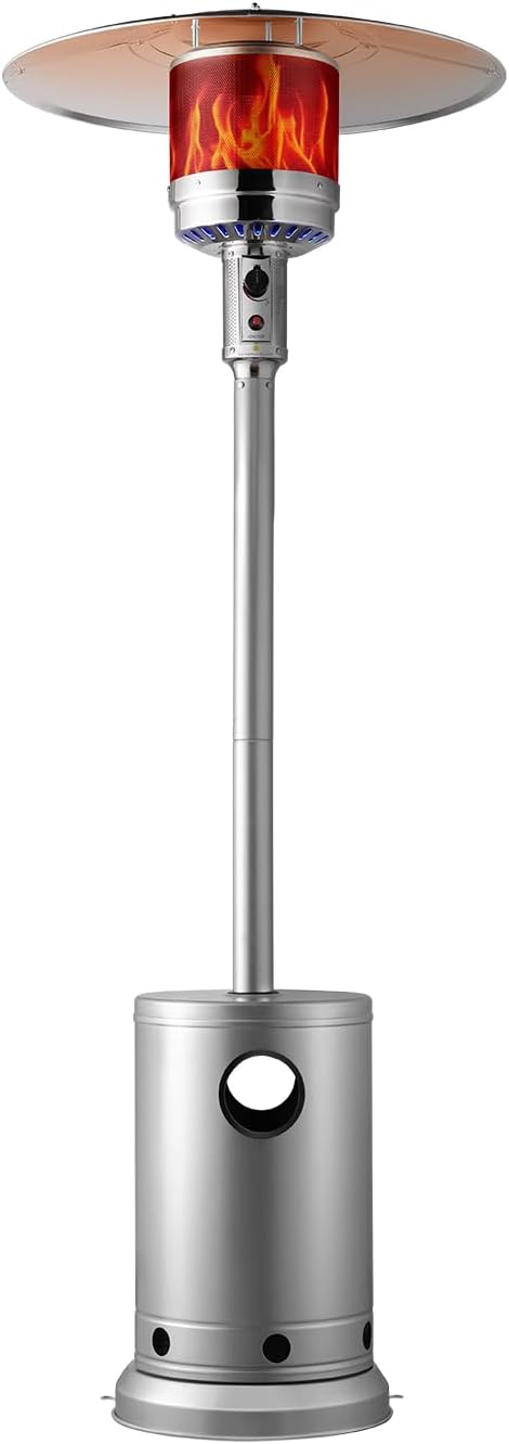 VEVOR Patio Heater for Outdoor Use, 50000BTU Propane Heater Tall Hammered With Round Table Design, Metal Burner and Wheels, Fixed Outdoor Patio Flame Heater for Patio, Party, Backyard, Garden, Silver