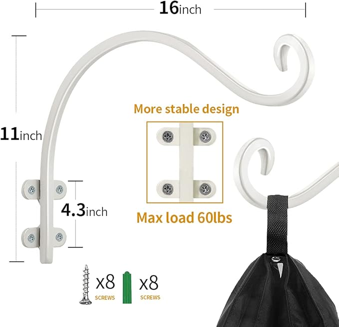 16 Inch Plant Hangers Outdoor 2 Pack White, Heavy Duty Plant Hanging Bracket Hook for Flowers Baskets Planter Pots Bird Feeder Lanterns Wind Chimes Outdoor Indoor