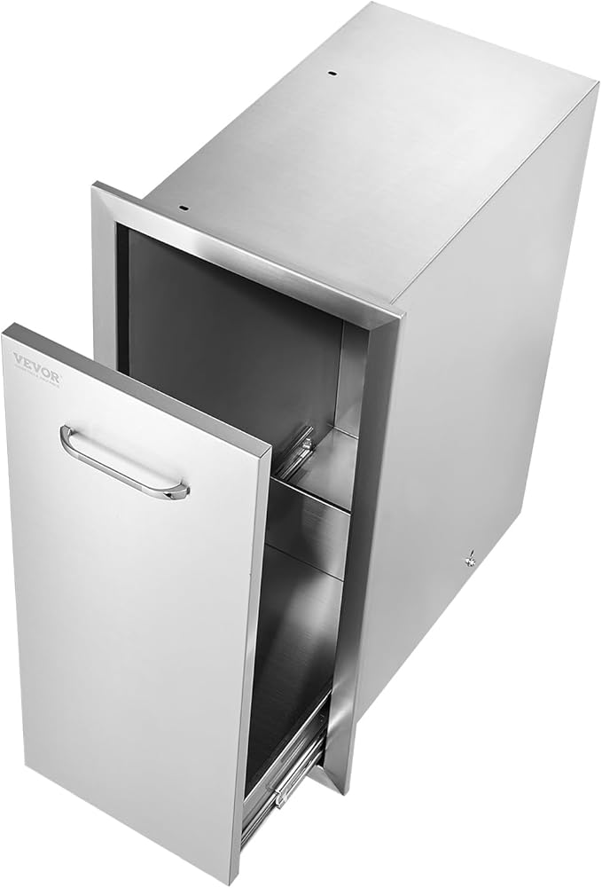 VEVOR Pull Out Trash Drawer 13.4"W x 25.7"H x 19.6"D Lower Sliding Rails Steel Roll Out Trash Bin Pull Out Tray Outdoor Kitchen Trash Drawer with Handle for BBQ Island Grill Station No Trash Can