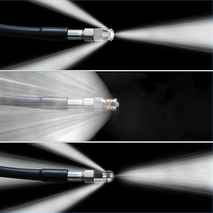 200FT Sewer Jetter Kit for Pressure Washer, 5800PSI Drain Cleaner Hose 1/4 Inch NPT Corner, Rotating and Button Hose Sewer Jetting Nozzle Pearl Corsage Pin Waterproof Tape with 2 Spanner