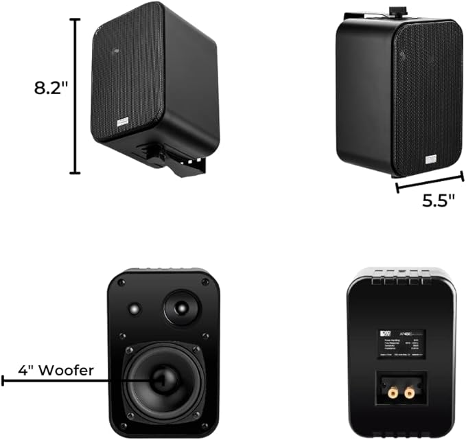 OSD Audio 4" Outdoor Patio Speaker Pair 80W, IP54 Weather Resistant, Aluminum Grilles Black AP450
