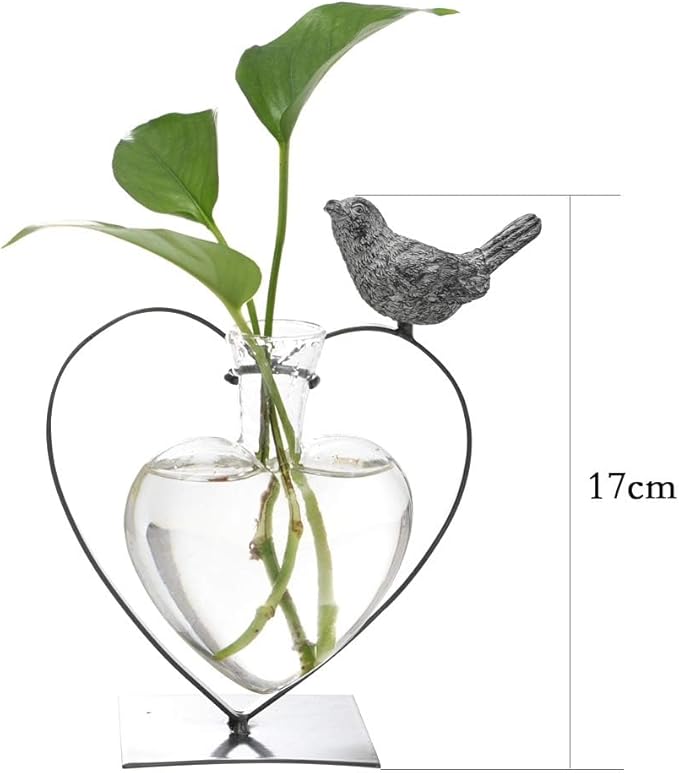 Marbrasse Desktop Glass Vase, Bulb Glass Vases for Holder, Creative Bird with Heart Planter Vase, Plant Terrarium Metal Stand for Modern Office Home Wedding Decorations
