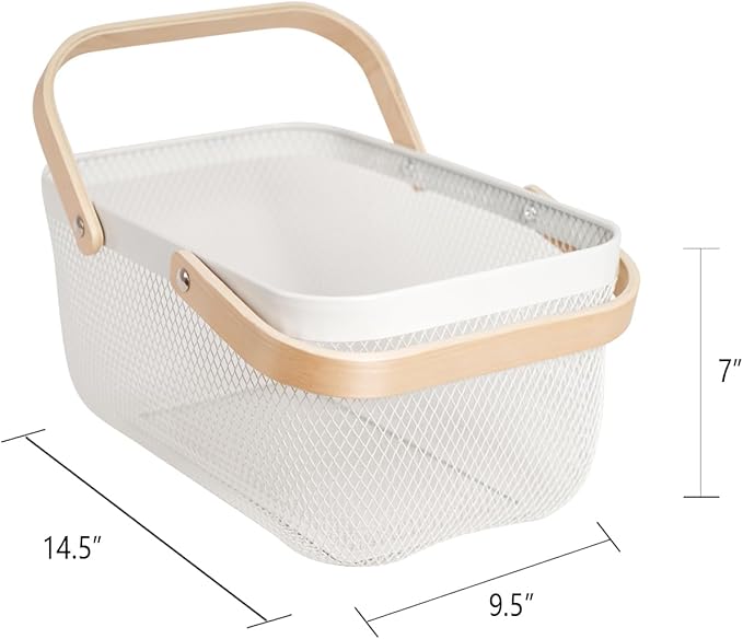 Metal Mesh Steel Harvest Basket, Rectangle Wire Garden Basket with Handle – Multi-functional Storage Organizer for Gathering Vegetables, Fruits, Kitchen, Garden, Picnic & Cabinet (Ivory)