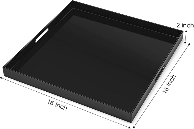 16×16 inches Oversized Black Acrylic Ottoman Tray Extra Large Decorative Tray Spill-Proof Serving Trays with Handles King-Size Safe Edge Organizer for Coffee Table Countertop Breakfast