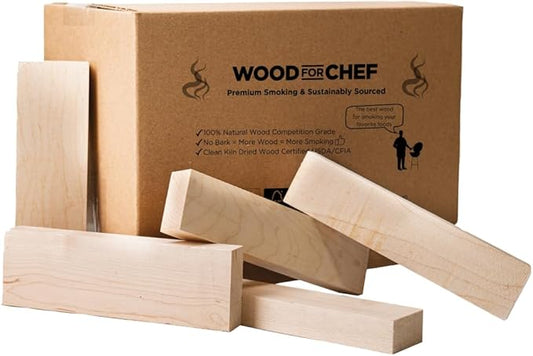 WoodForChef Wood Chips for Smoker and Firewood – Maple Smoking Wood Chunks and Pieces for Grilling, BBQ, Smoker Grill Accessories and Smoking Meat Accessories – Box 16-lbs/900 Cubic Inch, 8’’ Sticks