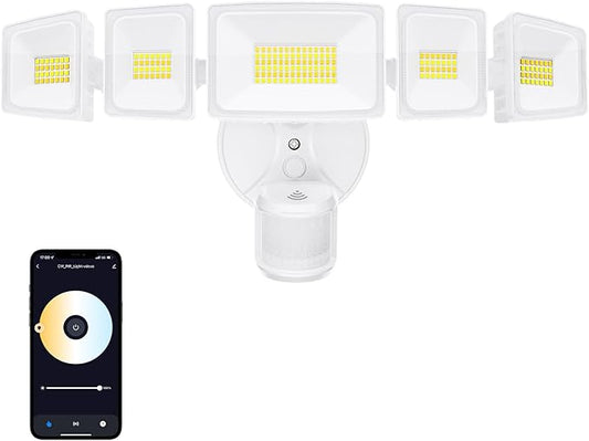 Onforu 5 Heads 120W Smart LED Security Lights Motion Sensor Outdoor, 340° Illumination WiFi Alexa Flood Light 12000LM APP Control, 2700K-6500K Exterior Motion Detector, IP65 Wall Light for Yard, White