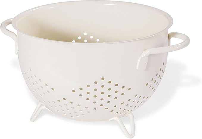 Metal Colander 5 Quart Powder Coated Self-draining Metal Strainer with Base,Kitchen Pasta Fruit Vegetable Basket with Double Handles (Cream)