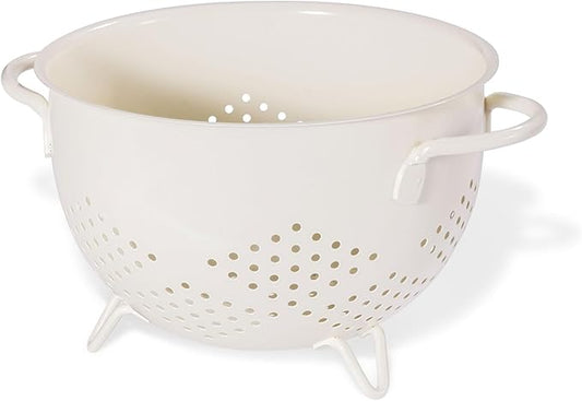 Metal Colander 5 Quart Powder Coated Self-draining Metal Strainer with Base,Kitchen Pasta Fruit Vegetable Basket with Double Handles (Cream)