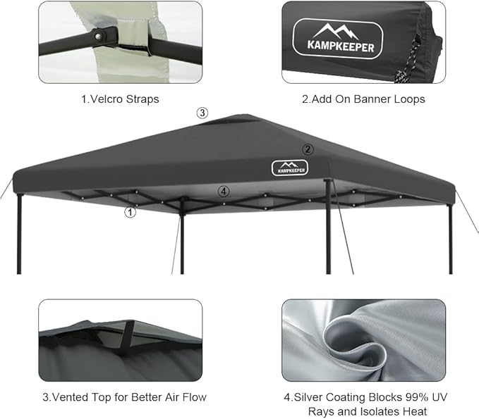 KAMPKEEPER Replacement Top Pop Up Canopy Tent Cover Roof with Air Vent and Adjustable Elastic Strap, Polyester UV Waterproof for Outdoor Garden Patio Sun Shade(Top Only) (Black, 8x8FT)
