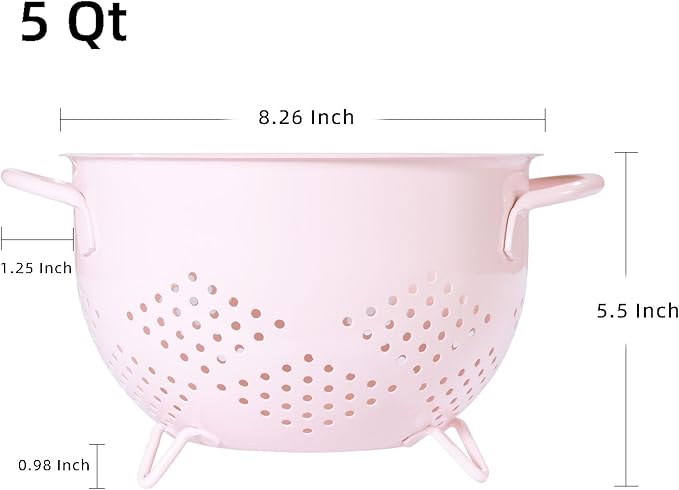 Metal Colander 5 Quart Powder Coated Self-draining Metal Strainer with Base,Kitchen Pasta Fruit Vegetable Basket with Double Handles (Pink)