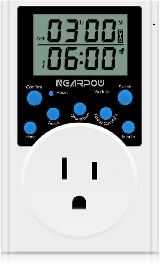 Timer Outlet, Nearpow Multifunctional Infinite Cycle Programmable Plug-in Digital Timer Switch with 3-Prong Outlet for Appliances, 15A/1800W