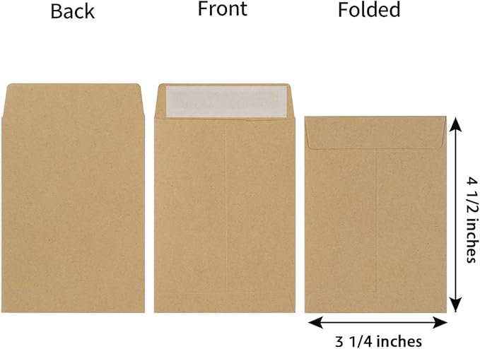 100 Pack Seed Envelopes Self-Adhesive Small Coin Envelopes Seed Storage Packets for Garden, Office or Wedding Gift (Kraft Brown, 3 1/4 ×4 1/2 inches)