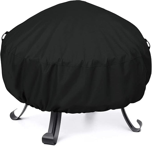 SunPatio Round Fire Pit Cover 32 inch, Heavy Duty Waterproof Patio Fire Bowl Cover with Adjustable Drawstring and Handles, UV & Rip & Fade Resistant, 32" Dia x 14"H, Black