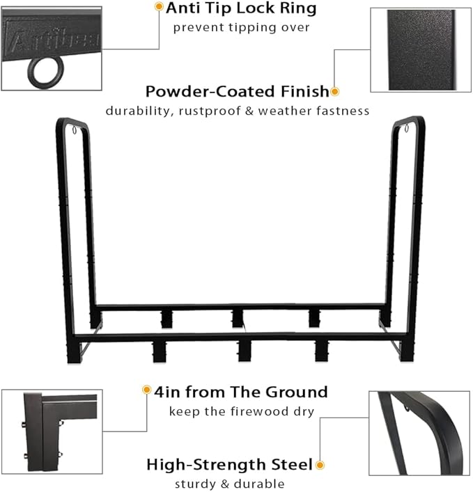 Artibear 8ft Outdoor Firewood Rack, Upgraded Heavy Duty Logs Stand Stacker Holder for Fireplace - Metal Lumber Storage Carrier Organizer, Bright Black