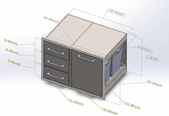 Outdoor Kitchen Drawer Combo, BBQ Access Trash Drawer Combo with Triple Stainless Steel Drawers(Left), Outdoor Kitchen for BBQ Island, Grilling Station, Outside Cabinet (28" W x 19.6“D x 20.1" H)