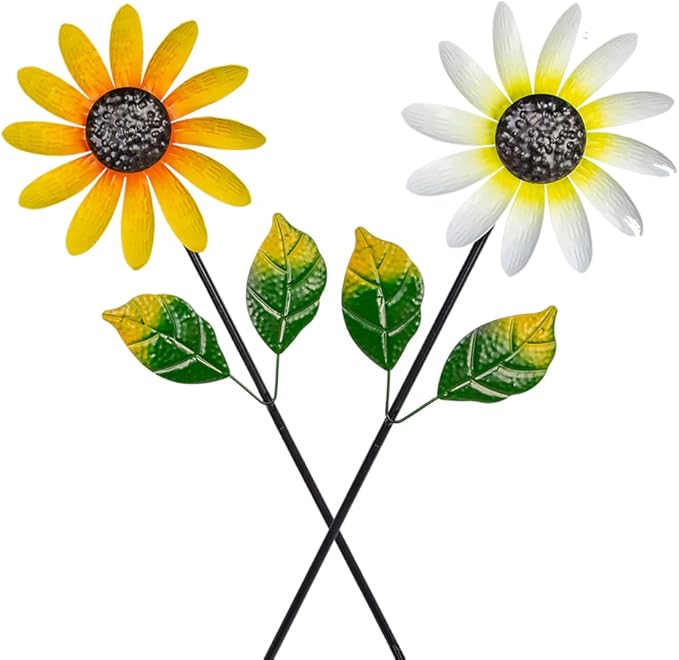 2Pack Garden Wind Spinners,Metal Wind Sculptures Outdoor Windmill Flower Pinwheel Decorations for Yard Lawn Patio Decor(Yellow and White)