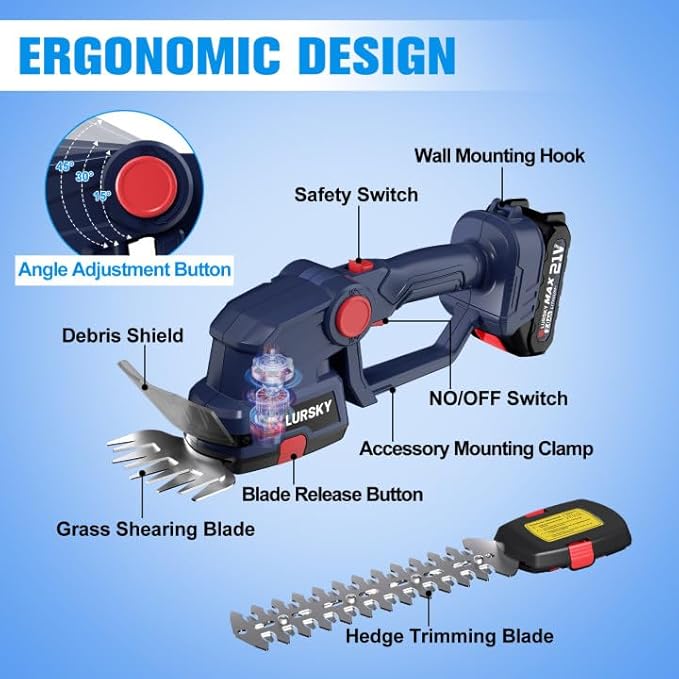 Cordless Hedge Trimmer with Battery 2.0Ah - 2-in-1 21V Grass Shears Handheldwith 2 PCS Rechargeable Battery, Electric Shrub Trimmer Kit for Garden, Yard and Lawn, Charger Included