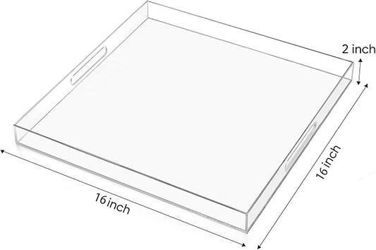 16×16 inches Oversized Clear Acrylic Ottoman Tray Extra Large Decorative Tray Spill-Proof Serving Trays with Handles King-Size Safe Edge Organizer for Coffee Table Countertop Breakfast