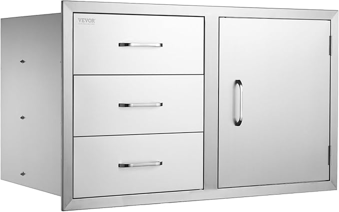VEVOR BBQ Island Drawers 38.1W x 22.6H x 20.8D, Outdoor Kitchen Door Drawer Combo Cabinets, BBQ Access Door/Triple Drawers Combo, Stainless Steel Handles, Perfect for BBQ Island Patio Grill Station