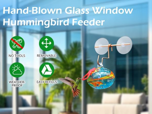 Window Hummingbird Feeder with Suction Cups,Hand-Blown Glass Hummingbird Feeders for Outdoors Window Mounted with Metal Hook,Close Bird Watching,Finch in Garden,Yard(Blue)