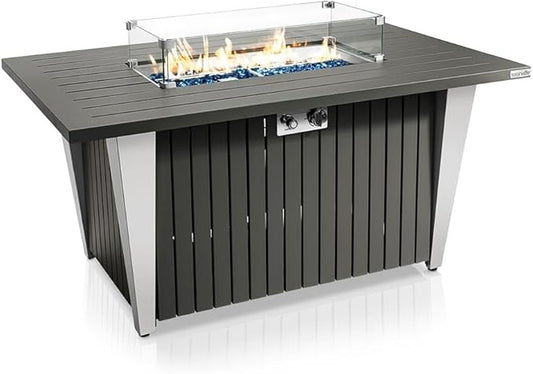 Outdoor Propane Fire Pit Table - CSA/ETL Certified 50,000 BTU Pulse Ignition Weatherproof Rectangle Propane Gas Fire Table w/Adjustable Flame - Glass Rocks Wind Guard, Black - SereneLife SLFPSX55