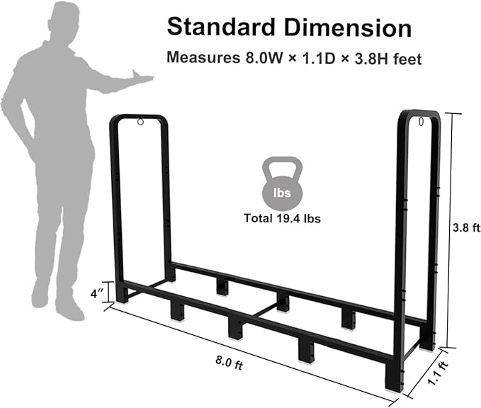Artibear 8ft Outdoor Firewood Rack, Upgraded Heavy Duty Logs Stand Stacker Holder for Fireplace - Metal Lumber Storage Carrier Organizer, Bright Black