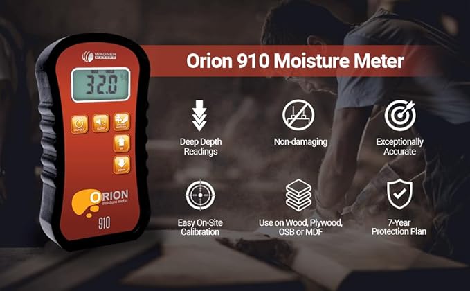 Orion® 910 Pinless Wood Moisture Meter Kit by Wagner Meters | Accurate, Non-Damaging, Deep Depth Lumber Measurement, On-site Calibration (Traceable Calibrator - NIST)