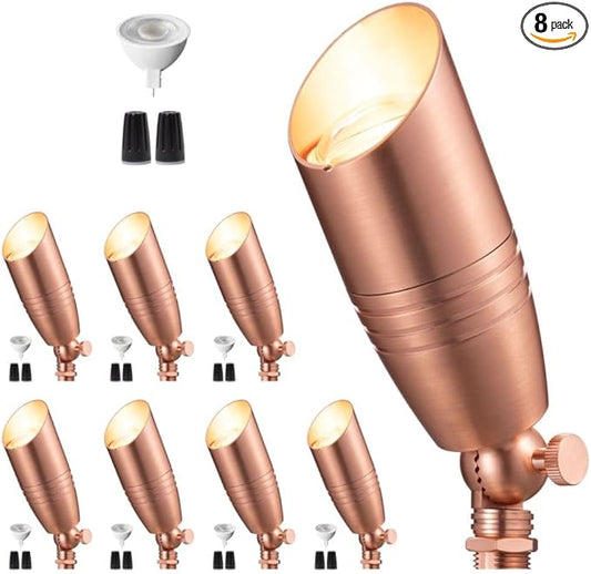 Spot Light Brass - Outdoor Landscape Spotlights LED, 12V Low Voltage Landscaping Uplights, Hard-Wired All Weather Copper for Backyard Lawn with Day Light Changeable Bulbs (8 Pack)
