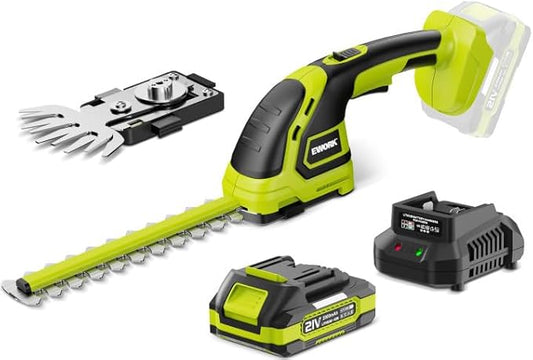 EWORK 2-in-1 Cordless Hedge Trimmer and Grass Shears 21V Handheld Small Electric Bush Trimmer with 2.0Ah Battery and Charger, Battery Powered Shrub Trimmer for Garden, Yard, Lawn Maintenance