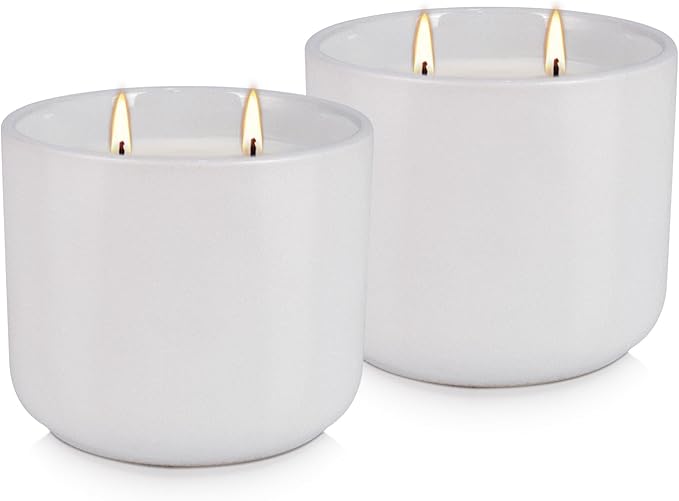 2-Pack Large Citronella Scented Candles - White Ceramic Double-Wick, Natural Soy Wax, Decorative Geometric Jar for Patio, Garden & Outdoor Decor