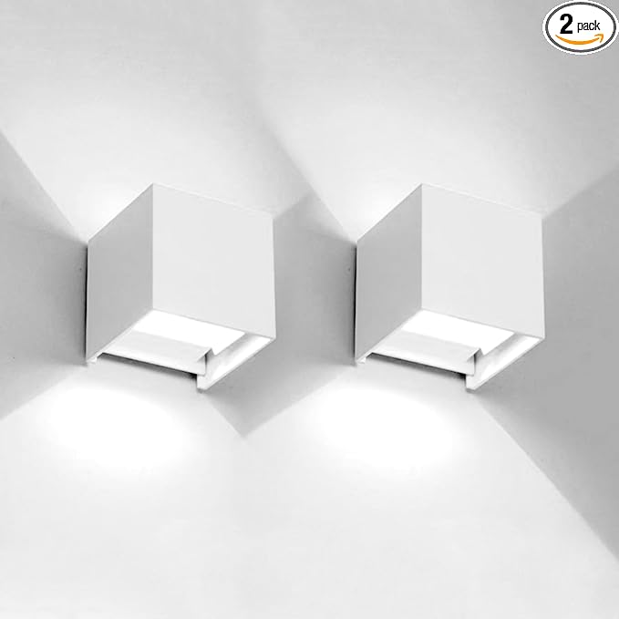 2 PCS 12W Outdoor Sconces Wall Lights LED Exterior/Interior Up and Down Lights IP65 Waterproof Modern Outdoor Lighting Fixtures Square Aluminum Exterior Wall Mount Light White 6500K Cold Lights