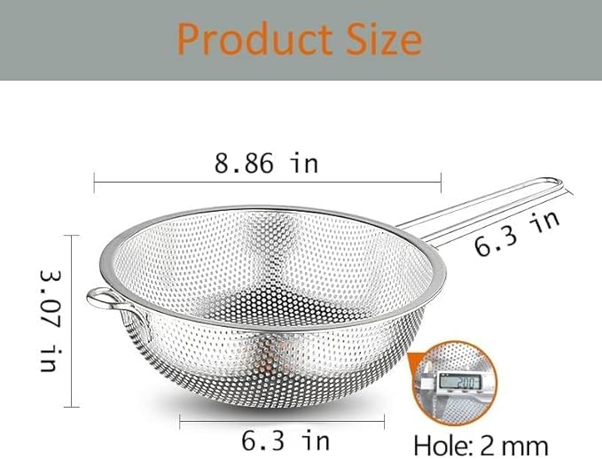Stainless Steel Basin Colander with Handle Kitchen Strainer, Resting Feet and Colander to Strain, Rinse, Fry, Steam or Cook Vegetables & Pasta & Wash fruits